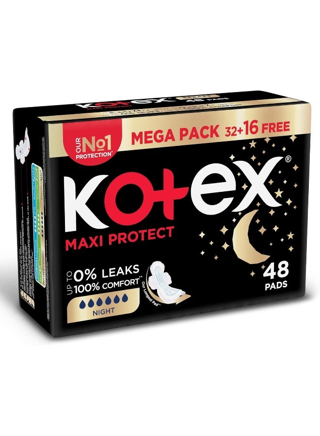 Kotex Maxi Protect Thick Pads, Overnight Protection Sanitary Pads with Wings, 48 - Image 2